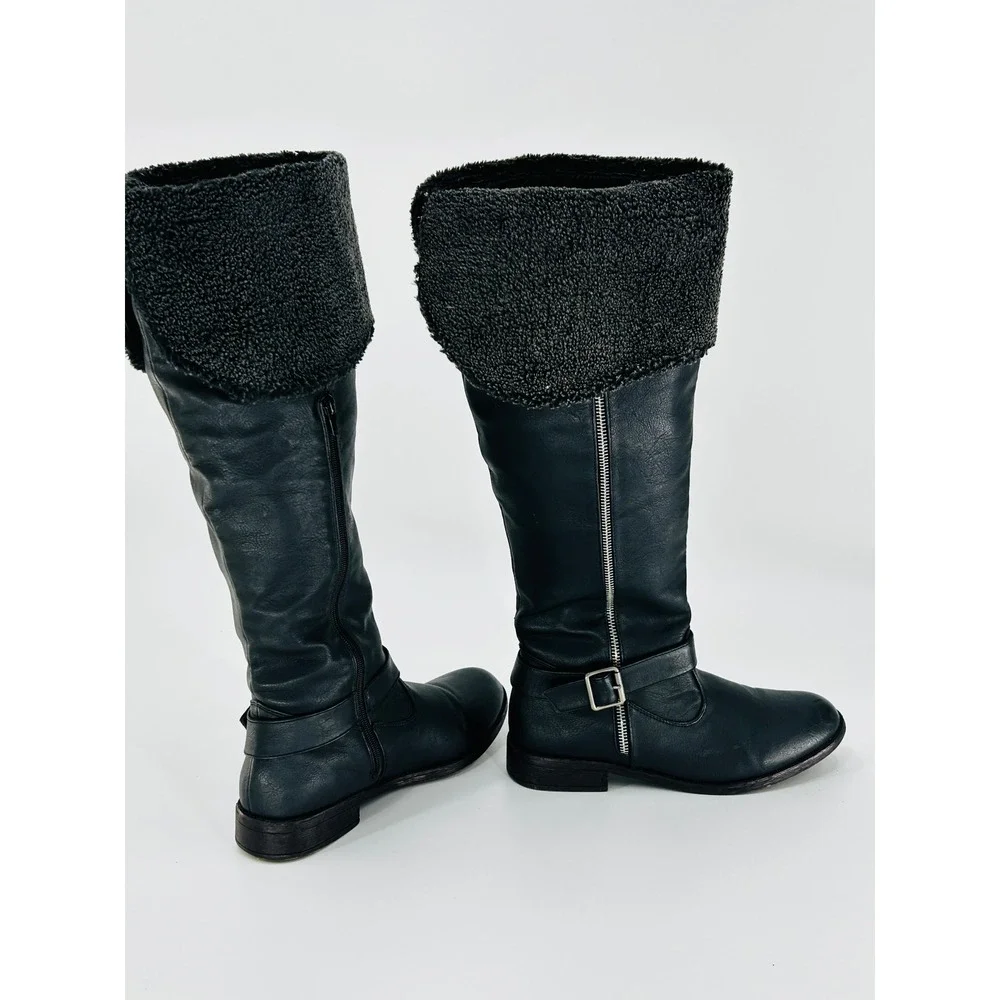 Women's Black Knee-High Winter Boots Shearling Cuff Flat Moto Utility‎ Size 9